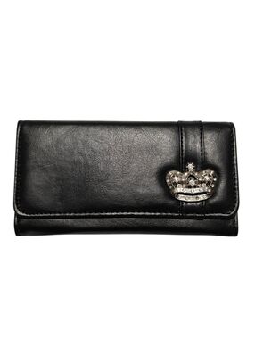 Royal Crystal & Silver Crown Long Black Wallet Faux Leather Fashion Accessories